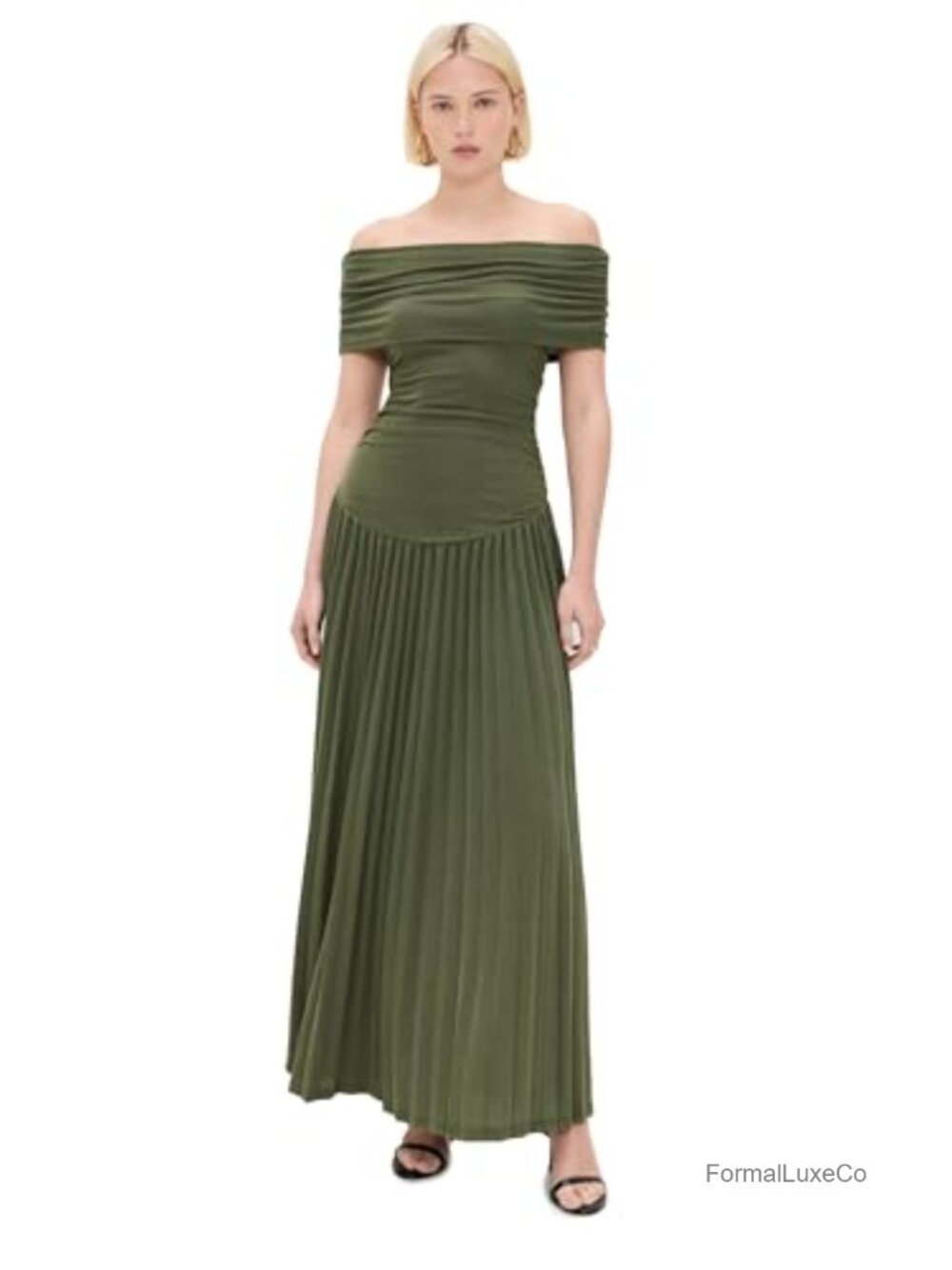 Off Shoulder Maxi Dress Glittery Metallic Finish Pleated Ruched